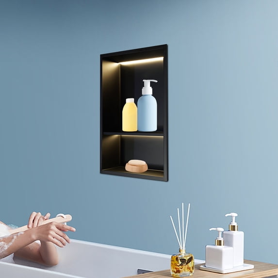 13.1*19.1*4in Modern Embedded+Wall Mount Black Stainless Steel Shower Niche with LED Light for Bathrooms