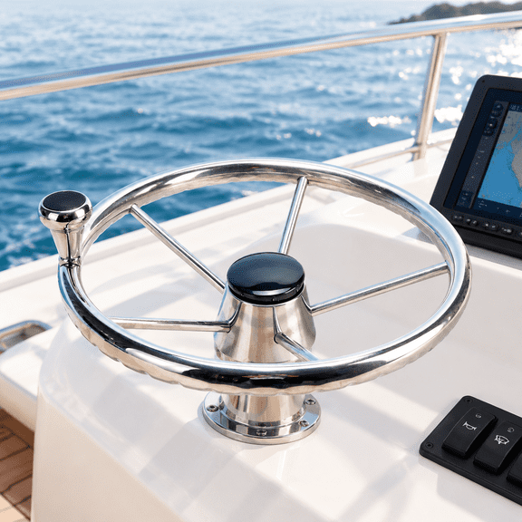 13-1/2 Inch 5 Spoke Stainless Steel Marine Boat Steering Wheel with Large Knob