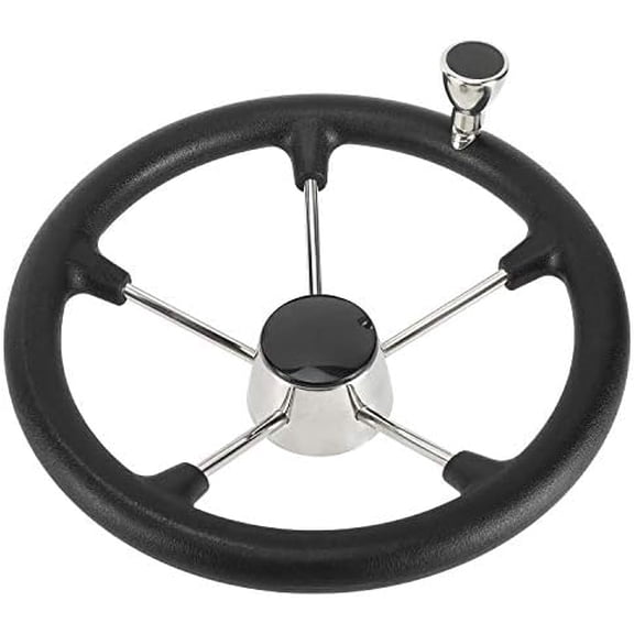 13-1/2 Inch Stainless Steel 5 Spoke Boat Marine Destroyer Steering Wheel with Black PU Foam and Knob$$Watercraft