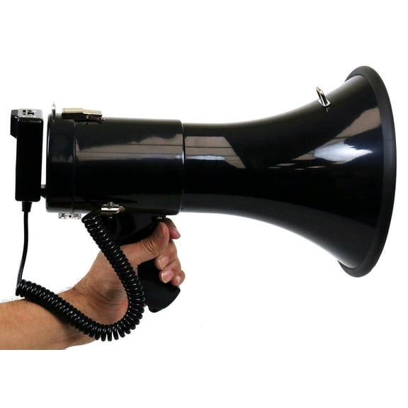 High Performance 13-1/2-in PA Megaphone with Hanging Mic, SD Card Play, Aux Input, USB Input, Siren, Recorder 50 Watt Output Max LED Status Indicator lights DEEJAY LED TBHMEGAPHONE