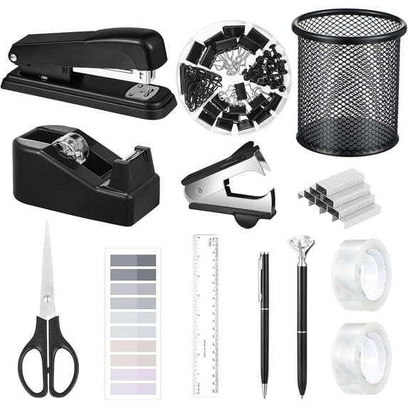 13 in 1 Black Desk Accessories, Black Office Supplies for Men Wome with Stapler and Tape Dispenser Set, Tape, 1000 Staples, Staple Remover, Scissors, Pen, Pen Holder, Tabs, Ruler, Clips Set