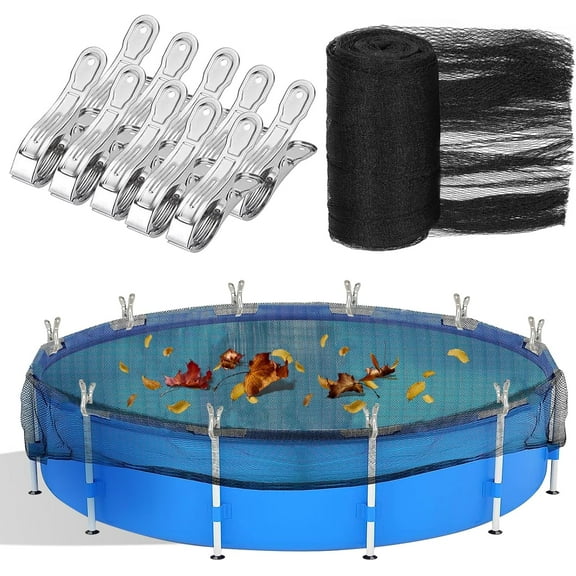 13.1 Feet Round Leaf Net Cover for Above Ground Pool, Winter Cover Mesh Cover with 10 Pcs Large Metal Clips，Pool Safety Net Fits 15FT Above Ground Pools, Keeps Leaves Out of Your Pool （Black）