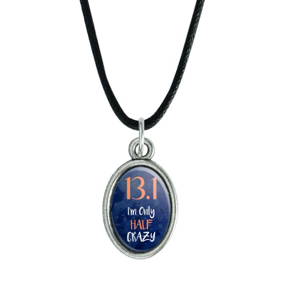 13.1 Half Marathon Half Crazy Running Runner Antiqued Oval Charm Pendant with Black Satin Cord