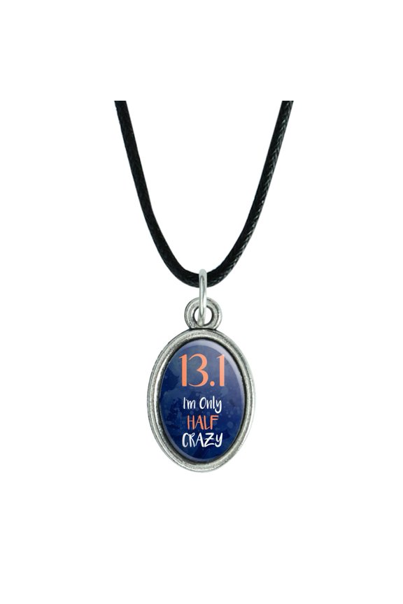 13.1 Half Marathon Half Crazy Running Runner Antiqued Oval Charm Pendant with Black Satin Cord