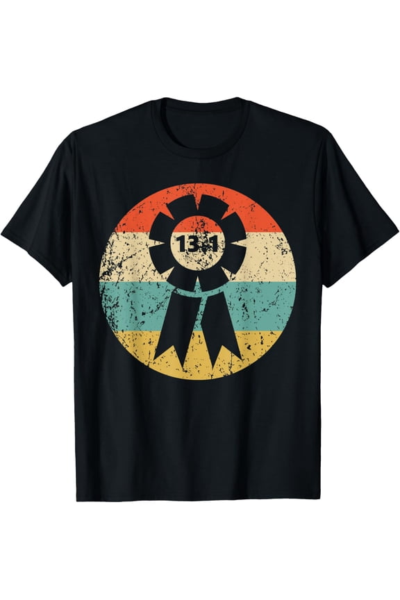 13.1 Miles Half Marathon Finisher Ribbon Icon Retro Running T-Shirt men and women can wear, black, white, gifts
