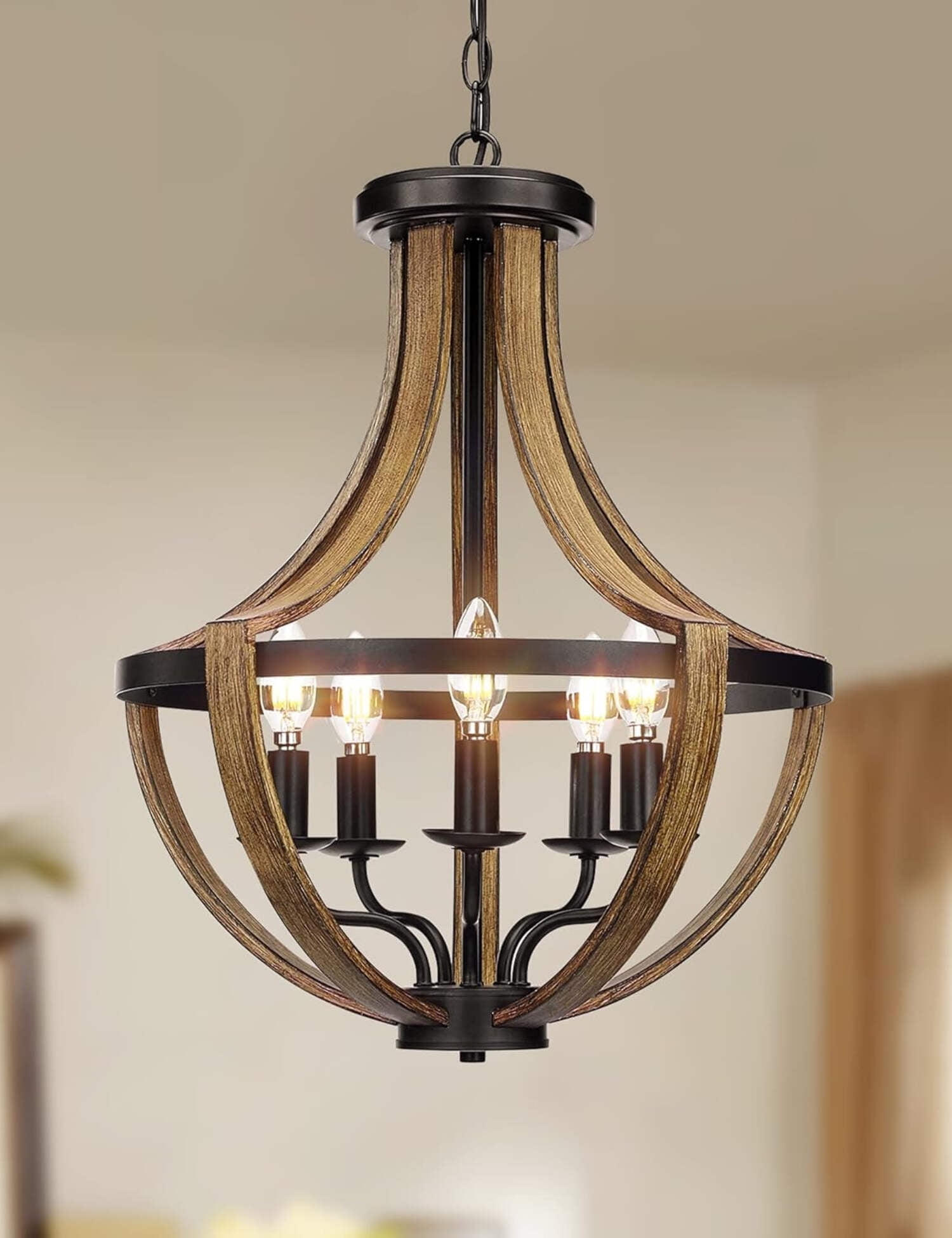 13.1" Rustic Black and Wood 4-Light Pendant Chandelier