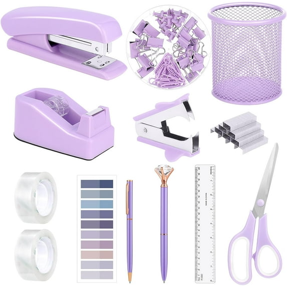 13 in 1 Purple Desk Office Supplies Set, Purple Stapler and Tape Dispenser Desk Accessories for Women with Stapler,Tape Dispenser,1000 Staple,Pen Holder,Staple Remover,Clip,Ruler,Scissor,Tab,Tape,Pen