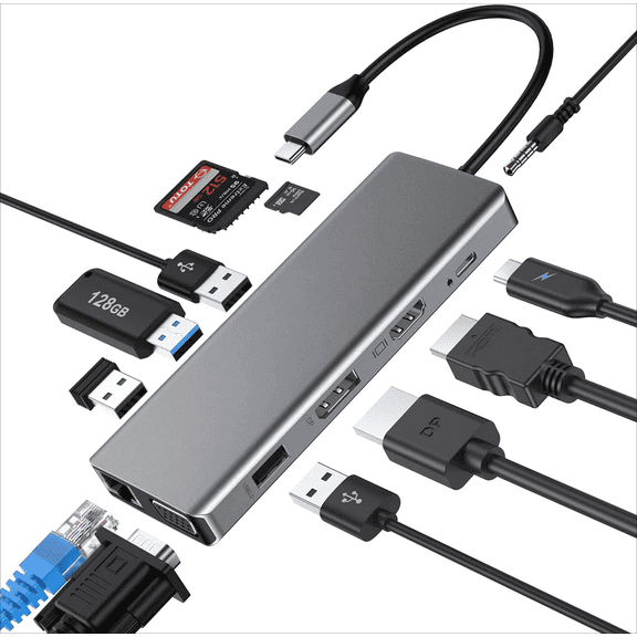 TOTU 13 in 1 USB C Hub, Type C Hub to 4K HDMI & DP, VGA, 2 USB3.0/2 USB2.0/75W PD