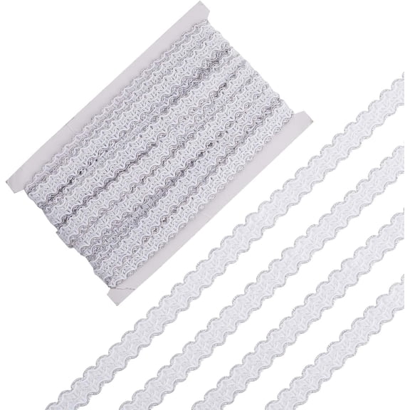 13.1 Yards Woven French Gimp 0.6 Inch Width Silver Gimp Braid Trim Polyester Wavy Lace Ribbon Metallic Edge Upholstery Fabric Fringe Trim for Costume DIY Craft Sewing Jewelry Curtain Decor