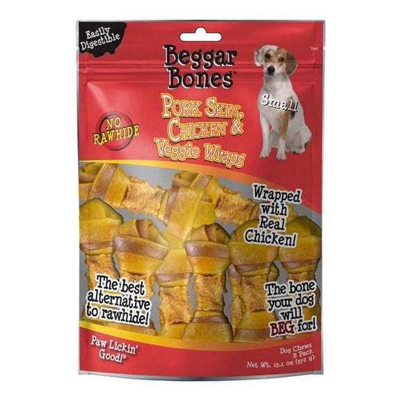 13.1 oz Beggar Bones Pork Skin, Chicken & Veggie Wraps Dog Treats, Pack of 8