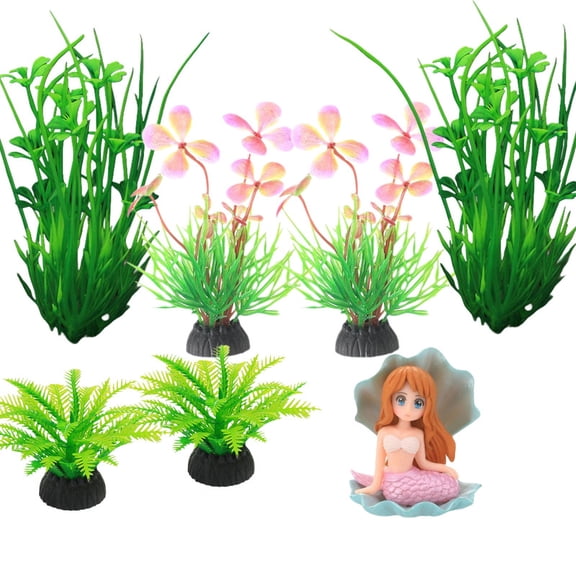 13/10/4.5cm Eco-Friendly Aquarium Decor Set: 6 Plants with Mermaid Shell Ornament, for 5-10 Gallon Fish Tank