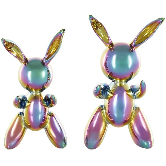 13, 11"H Multi Colored Ceramic Abstract Balloon Inspired Rabbit Sculpture with Rainbow Shimmer Finish, by DecMode (2 Count)