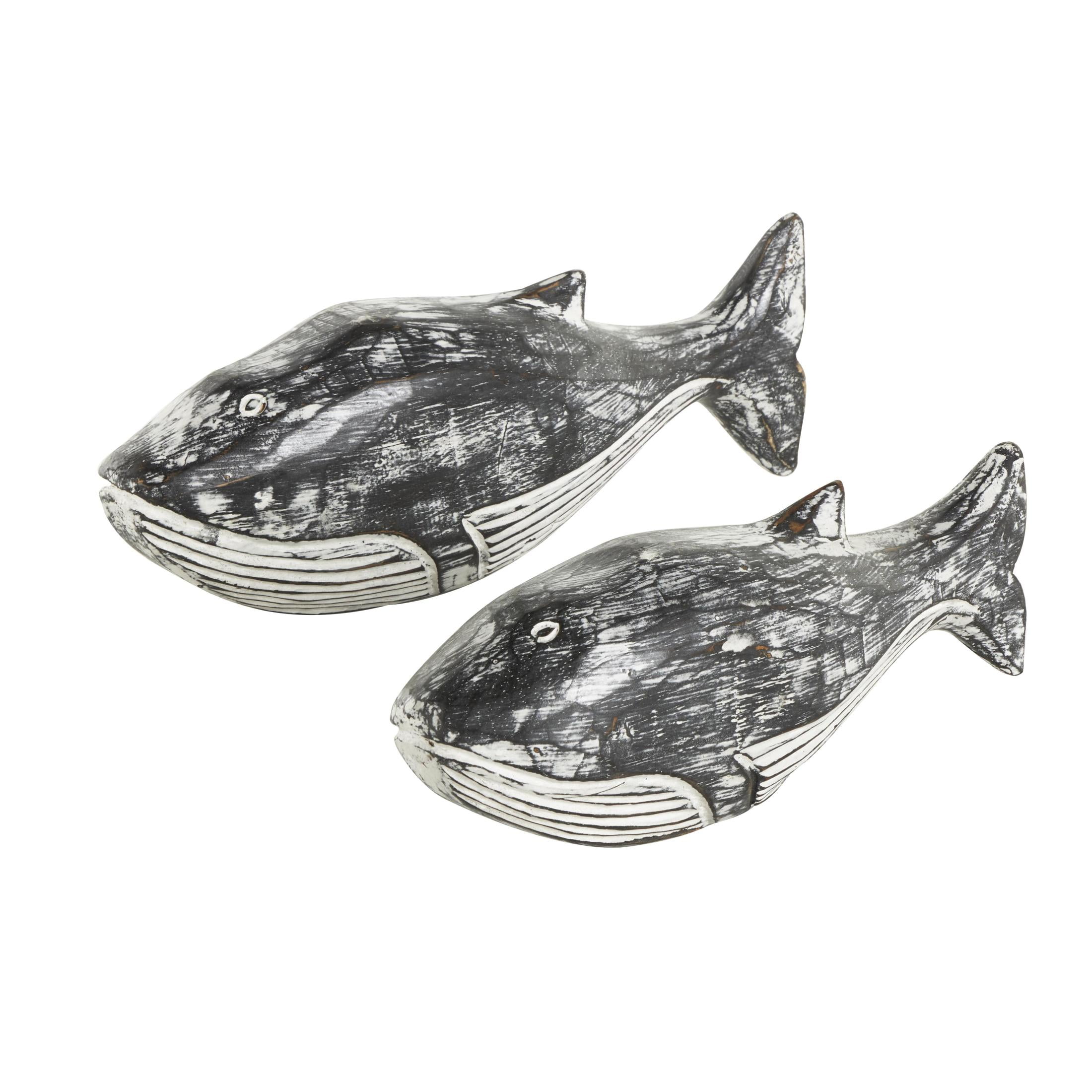 13", 11"W White Wood Distressed Whale Sculpture, by DecMode (2 Count)