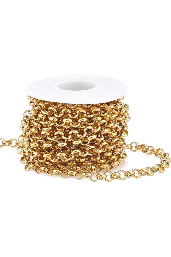 13.12 Feet 18K Gold Plated Cable Chain Roll 304 Stainless Steel Unwelded with Spool for Jewelry Making Necklace DIY Crafts Gold