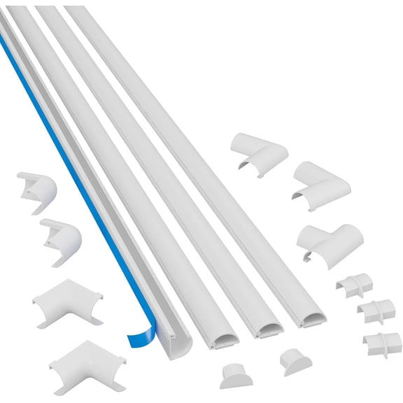 13.12ft Cord Hider Kit, Patented Cable Cover, Hide Wires on Wall, Channel for TV Mount Cords, Raceway Wire Hiders, Paintable, Adhesive, Half Round, 4X 0.78in W x 0.39in H x 39in Lengths, White