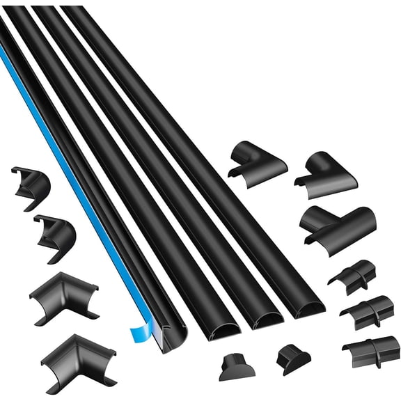 13.12ft Cord Hider Kit, Patented Cable Cover, Hide Wires on Wall, Channel for TV Mount Cords, Raceway Wire Hiders, Paintable, Adhesive, Half Round, 4X 1.18in W x 0.59in H x 39in Lengths, Black