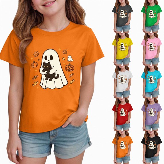 13-14 Years Girl Halloween Printed Short Sleeved Top Halloween T-Shirt Party Gift Fashion Party Tees