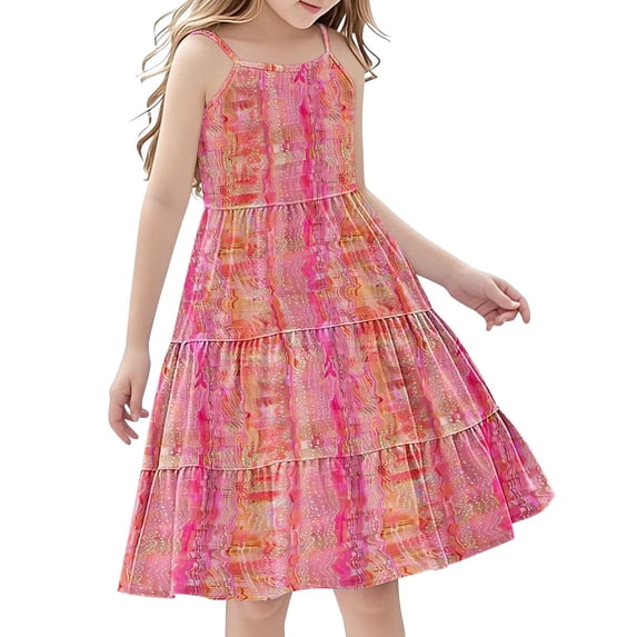 13-14 Years Girl's Summer Dresses Spaghetti Strap Swing Pleated Cotton Dress Tween Kids Boho Beach Casual Midi Sundress for Princess Birthday Party Wedding Prom Gown