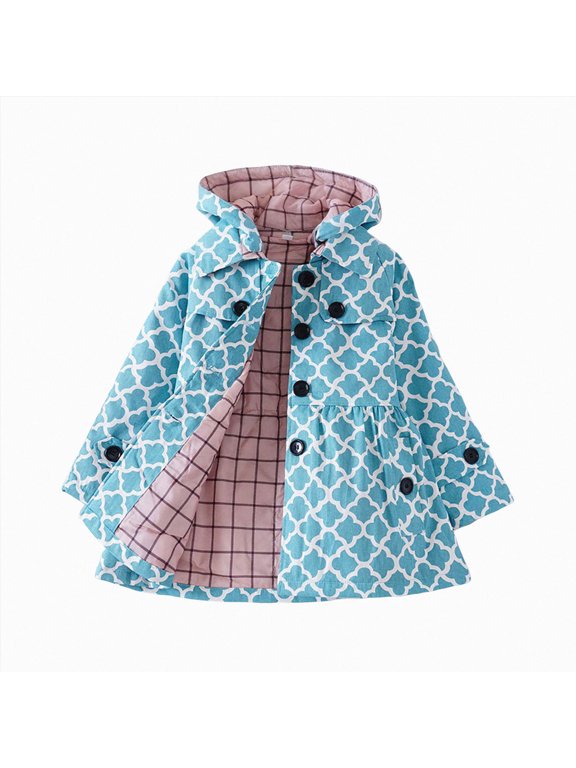 13-14 Years Juniors Floral Print Hooded Trench Coat Button Front Long Sleeve Outerwear with Pockets