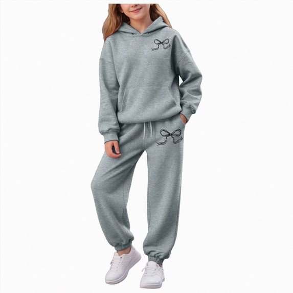 13-14 Years Toddler Girls Hooded Sweatshirt And Sweatpants Set With Butterfly Print Newborn Romper Ruffled Long Sleeve Fall Winter Outfits With Bow Headband Grey Girl Set