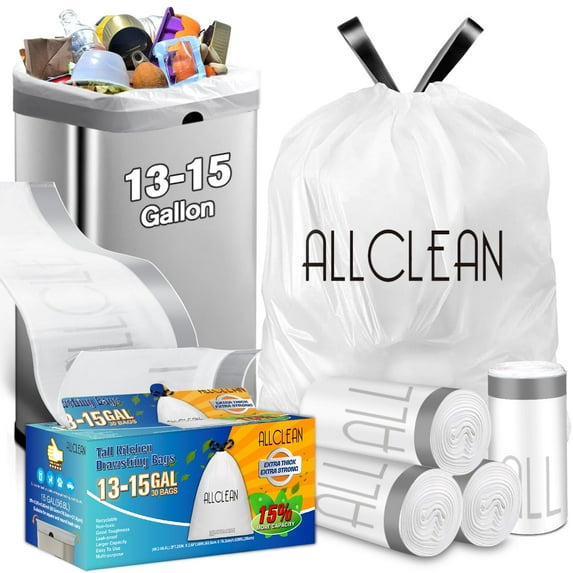 13 To 15 Gallon Trash Bags, Tall Kitchen Garbage Bags Drawstring, Ultra Strong Recyclable Trash Bags Unscented Trash Can Liners For Kitchen and Commercial 30 Count (Pake of 1)