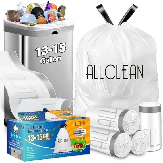 13 To 15 Gallon Trash Bags, Tall Kitchen Garbage Bags Drawstring, Ultra Strong Recyclable Trash Bags Unscented Trash Can Liners For Kitchen and Commercial 30 Count (Pake of 1)