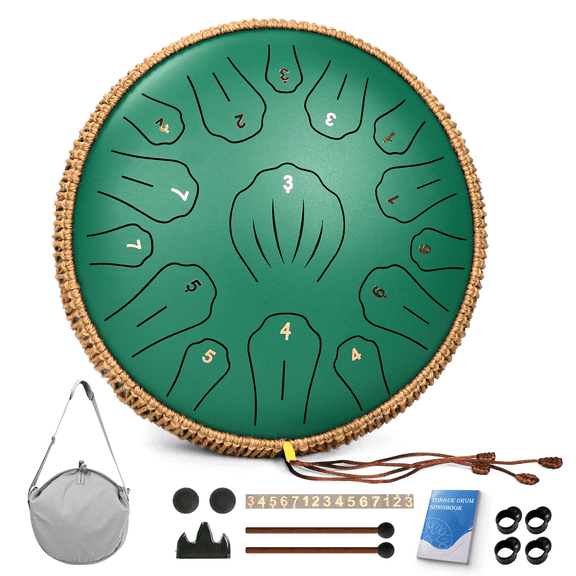 13" 15 Note Tongue Drum for Adults, Lidguni C Major Pan Drums, Steel tongue drum , Green