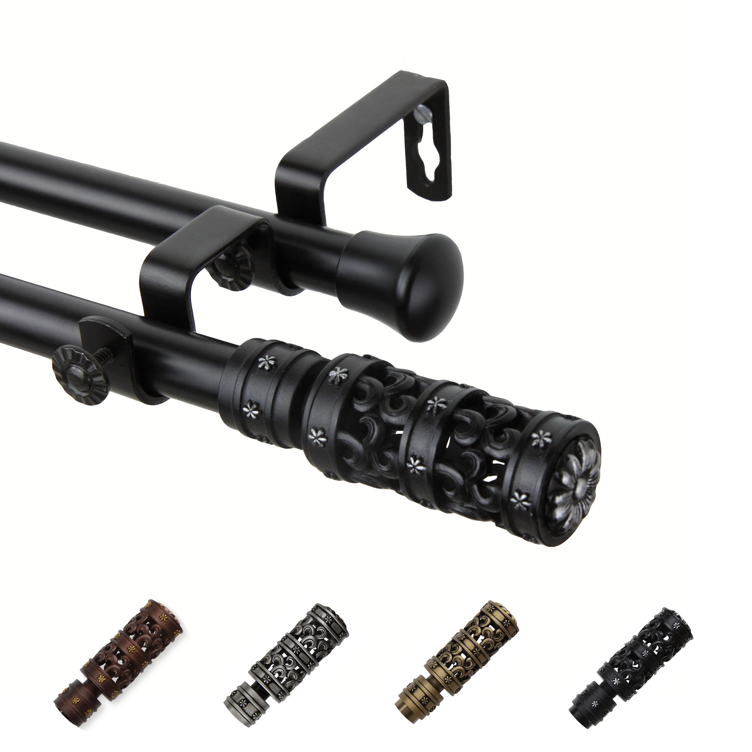 13/16" Dia Adjustable 28-48" Rocco Double Curtain Rod in Black