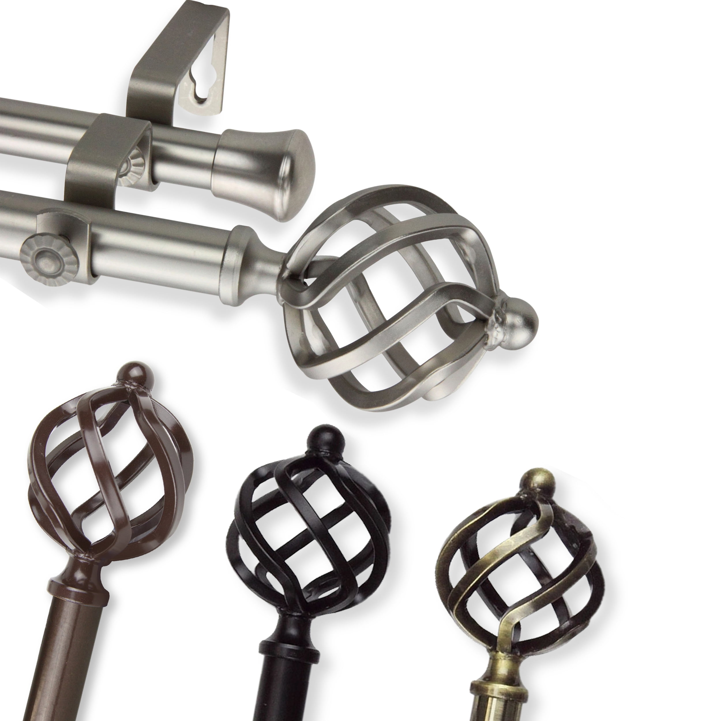 13/16" Dia Adjustable 28-48 inch Double Curtain Rod with Jinx Finials - Satin Nickel,(4742-285)