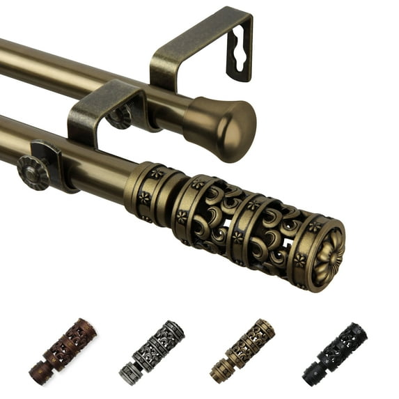 13/16" Dia Adjustable 48-84" Rocco Double Curtain Rod in Antique Brass