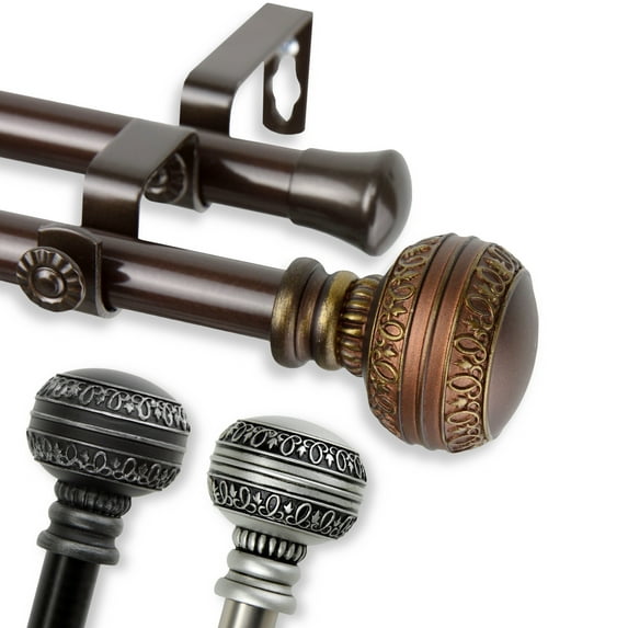 13/16" Dia Adjustable 48-84 inch Double Curtain Rod with Greta Finials - Satin Nickel,(4702-485)