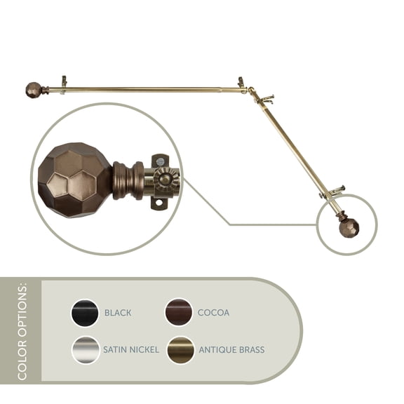 13/16" Dia Adjustable Corner Window Single Curtain Rod 120 to 170" (each side) in Antique Brass with Ludmila Finials,(4890-994-CR)