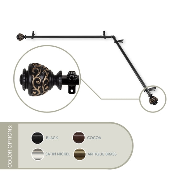13/16" Dia Adjustable Corner Window Single Curtain Rod 28 to 48" (each side) in Black with Ingo Finials,(4889-282-CR)