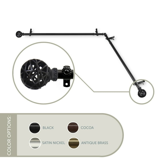 13/16" Dia Adjustable Corner Window Single Curtain Rod 28 to 48" (each side) in Black with Matthias Finials,(4888-282-CR)
