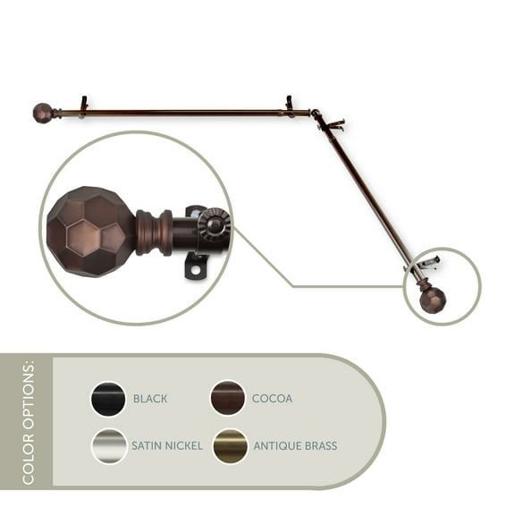 13/16" Dia Adjustable Corner Window Single Curtain Rod 48 to 84" (each side) in Cocoa with Ludmila Finials,(4890-487-CR)