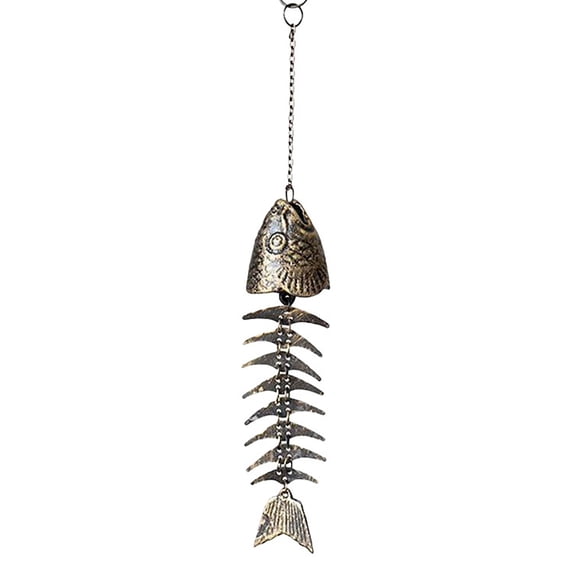 13.18 Inch Metal Fish Skeleton Wind Chimes Halloween Wall Hanging Decor, Eerie Spooky Pendant Ornament for Front Porch Window Indoor Covered Outdoor Haunted House Seasonal Layout