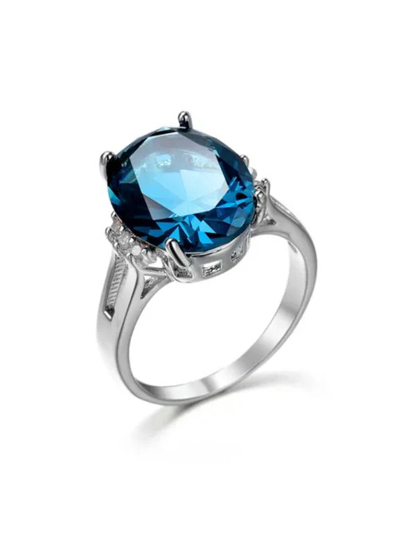 13*18mm Dark Blue Big Oval Cut CZ Bands Womens 925 Silver Wedding Ring Size 6-10