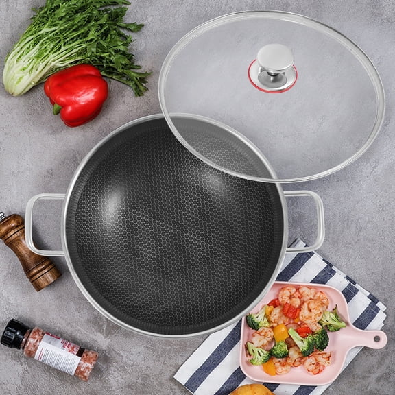 13.19" Stainless Steel Frying Pot  410 Grade, Honeycomb Non-Stick, Tempered Glass Lid, Multi-Use Stove Compatible  Healthy Cooking for 3-4 People