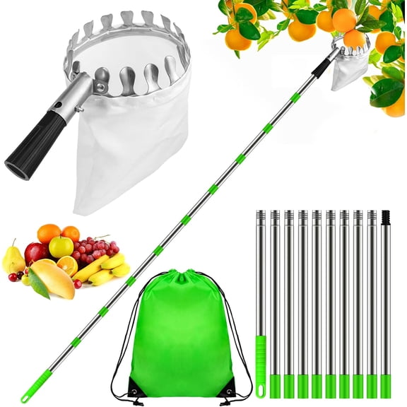 13.1FT Fruit Picker Pole with Basket Telescoping - Tree Fruit Picker Tool with Stainless Steel Pole and Storage Bag for Apple, Mango, Avocado, Orange, Pear, Lemon, Etc (Green)