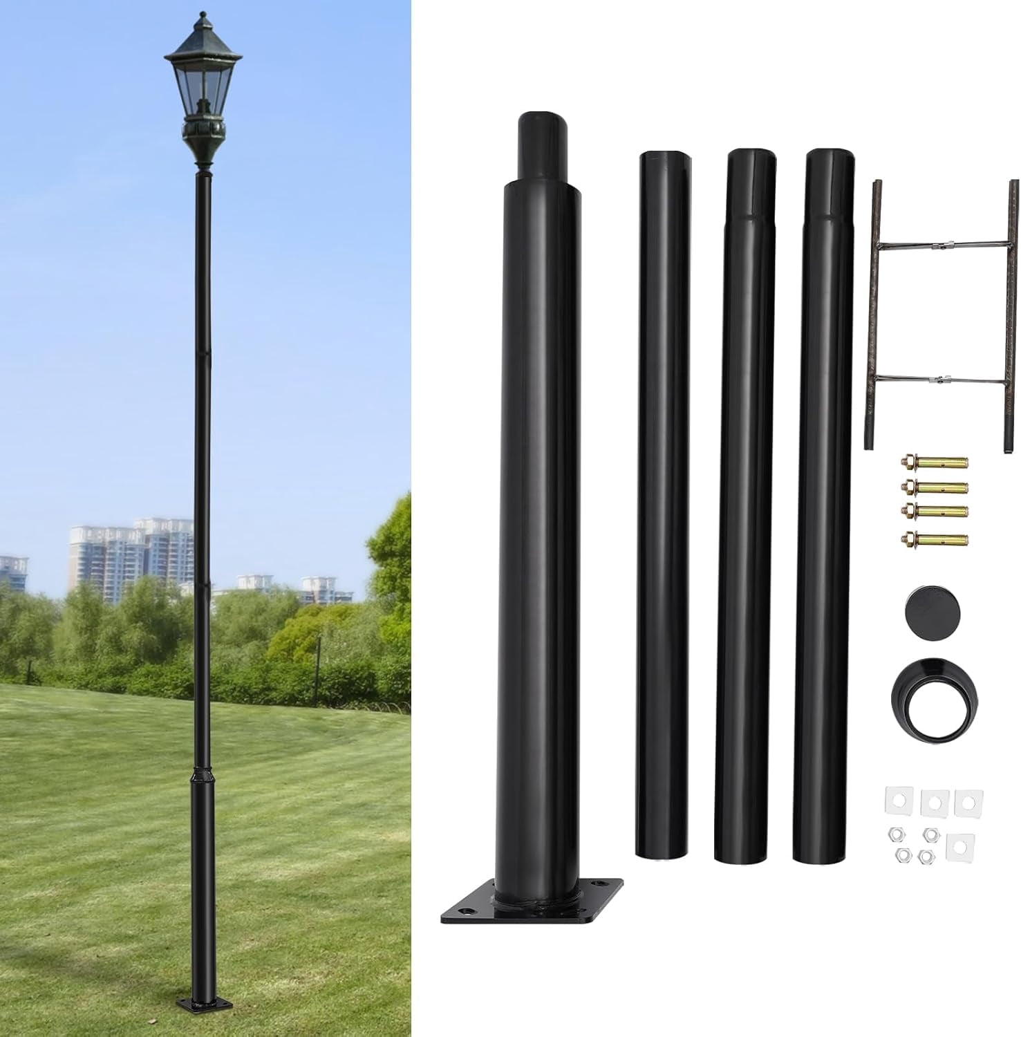 13.1FT Tall Street Light Pole, Outdoor Split Street Lamp Post with Mounting Rebar Cage Base Heavy-Duty Metal Solar Streets Light Post for Patio Backyard Park Parking Lots Black