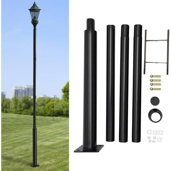 13.1FT Tall Street Light Pole, Outdoor Split Street Lamp Post with Mounting Rebar Cage Base Heavy-Duty Metal Solar Streets Light Post for Patio Backyard Park Parking Lots Black