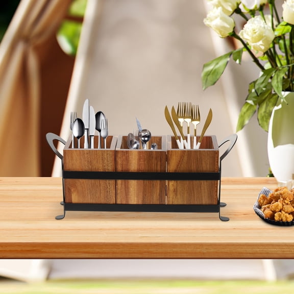 13.2*3.7*5.5 Rectangular Wooden Rustic Kitchen Utensil Organizer for Milk Tea Shops, Restaurants