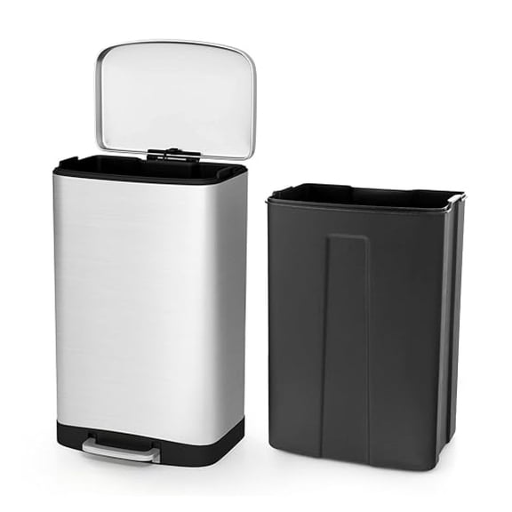 13.2 Gal Kitchen Trash Can, Stainless Steel Trash Bin with Lock Device & Soft Closing Lid, Step-on Garbage Bin for Bathroom & Office