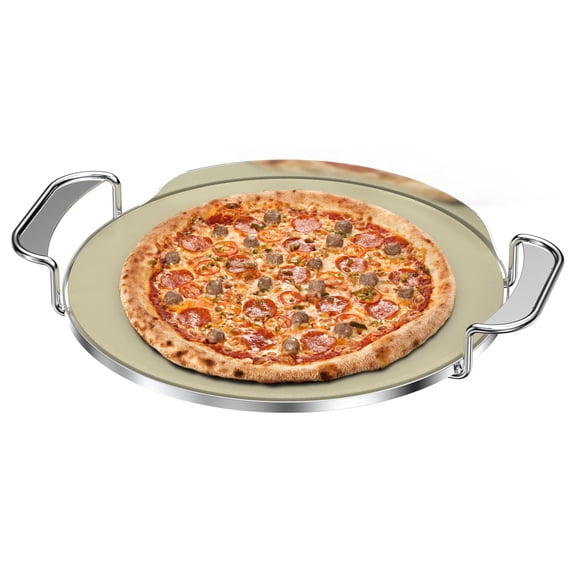 13.2 Inch Cordierite Pizza Stone with Stainless Steel Carry Rack for Grills and Ovens