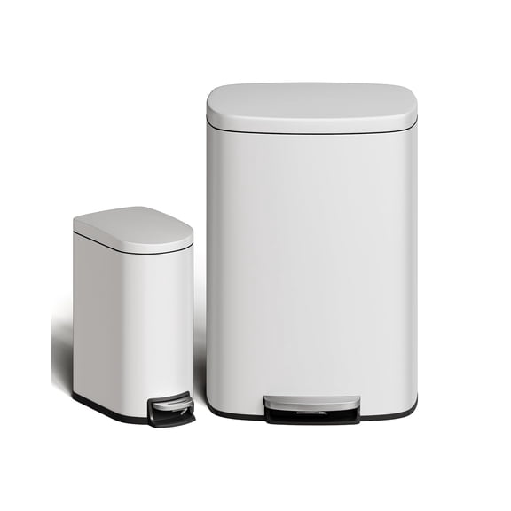 13.2 gal & 2.6 gal Trash Can Combo Set, Stainless Steel Garbage Bin with Removable Inner Bucket, Rectangle Step Trash Can with Soft-Close Lid for Kitchen, Bathroom, Office, White