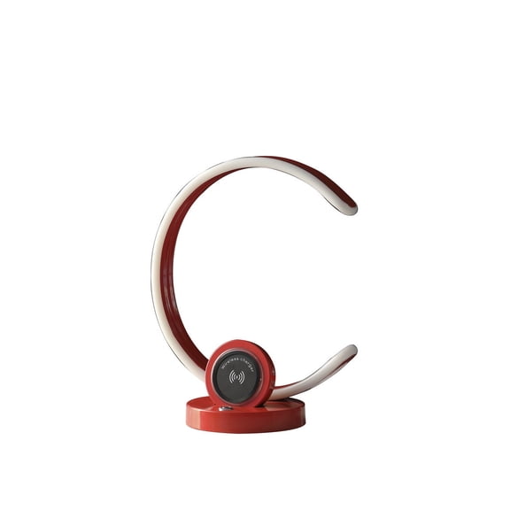 13.25" Modern C-Shape Vivid Red Table Lamp | Built-in USB port, wireless charger, and touch dimmer