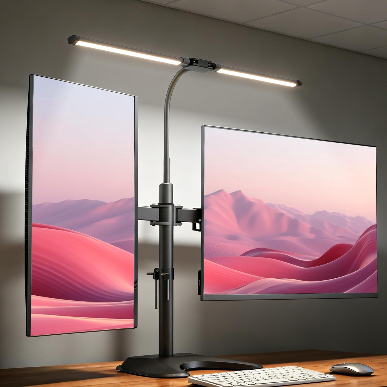 13–27″ Dual Monitor Stand for Desk with Adjustable LED Lamp, Led Lights ...