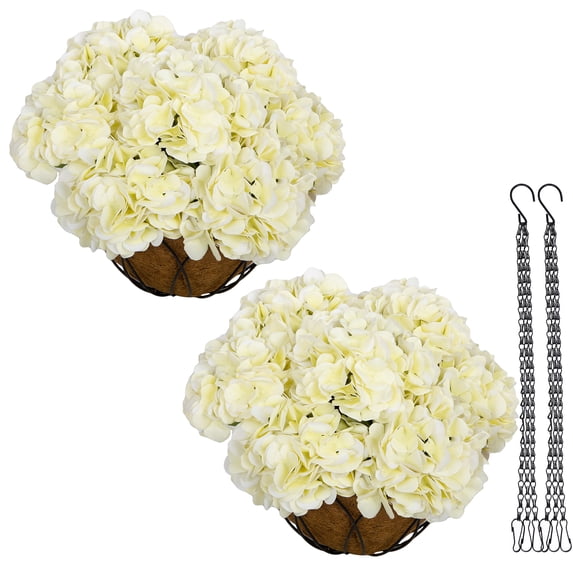 RosyHaven 2Pack Real Touch Artificial Hanging Flowers for Outdoors with Hanging Basket,Beige Hydrangea Faux Flowers,Fake Hanging Flowers for Front Door Porch Patio Garden Room Decor