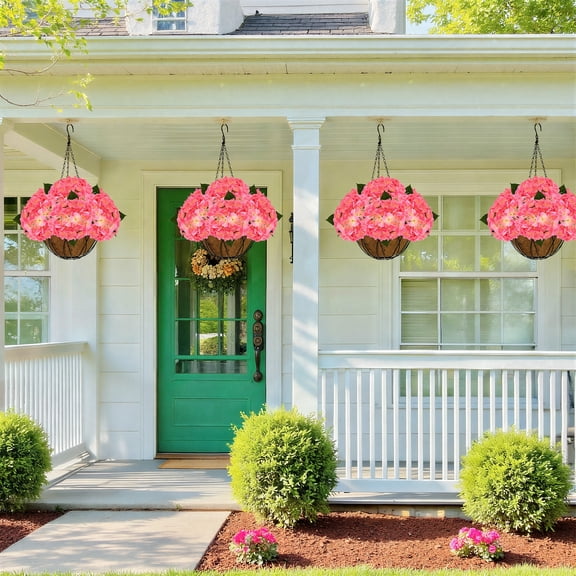 RosyHaven 2Pack Hanging Hydrangea Artificial Flowers with Real Touch Large Pink Hydrangea Flowers,Outdoor Faux Flower Hanging Basket for Spring Summer Porch Balcony Yard Garden Patio Home Decor