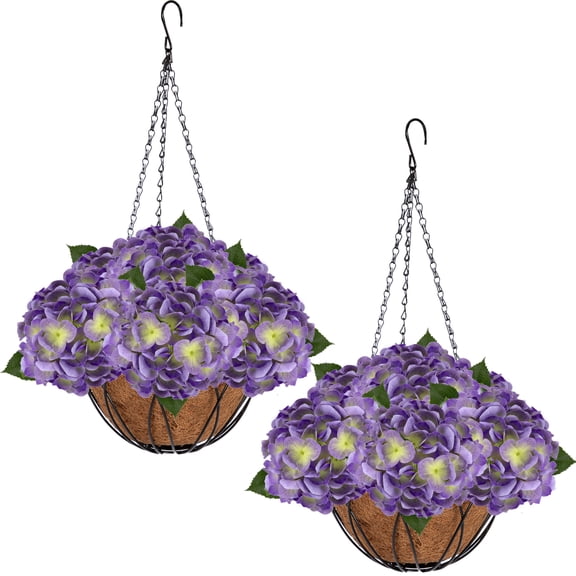 RosyHaven 2Pack Hanging Hydrangea Artificial Flowers with Real Touch Large Purple Hydrangea Flowers,Outdoor Faux Flower Hanging Basket for Spring Summer Porch Balcony Yard Garden Patio Home Decor